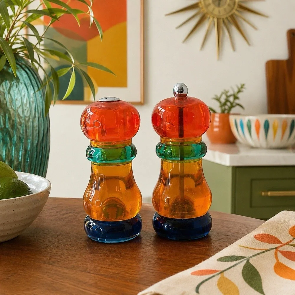 Vintage 1980s Olde Thompson Sunset Fiesta Lucite Salt & Pepper Mill Set MCM, USA